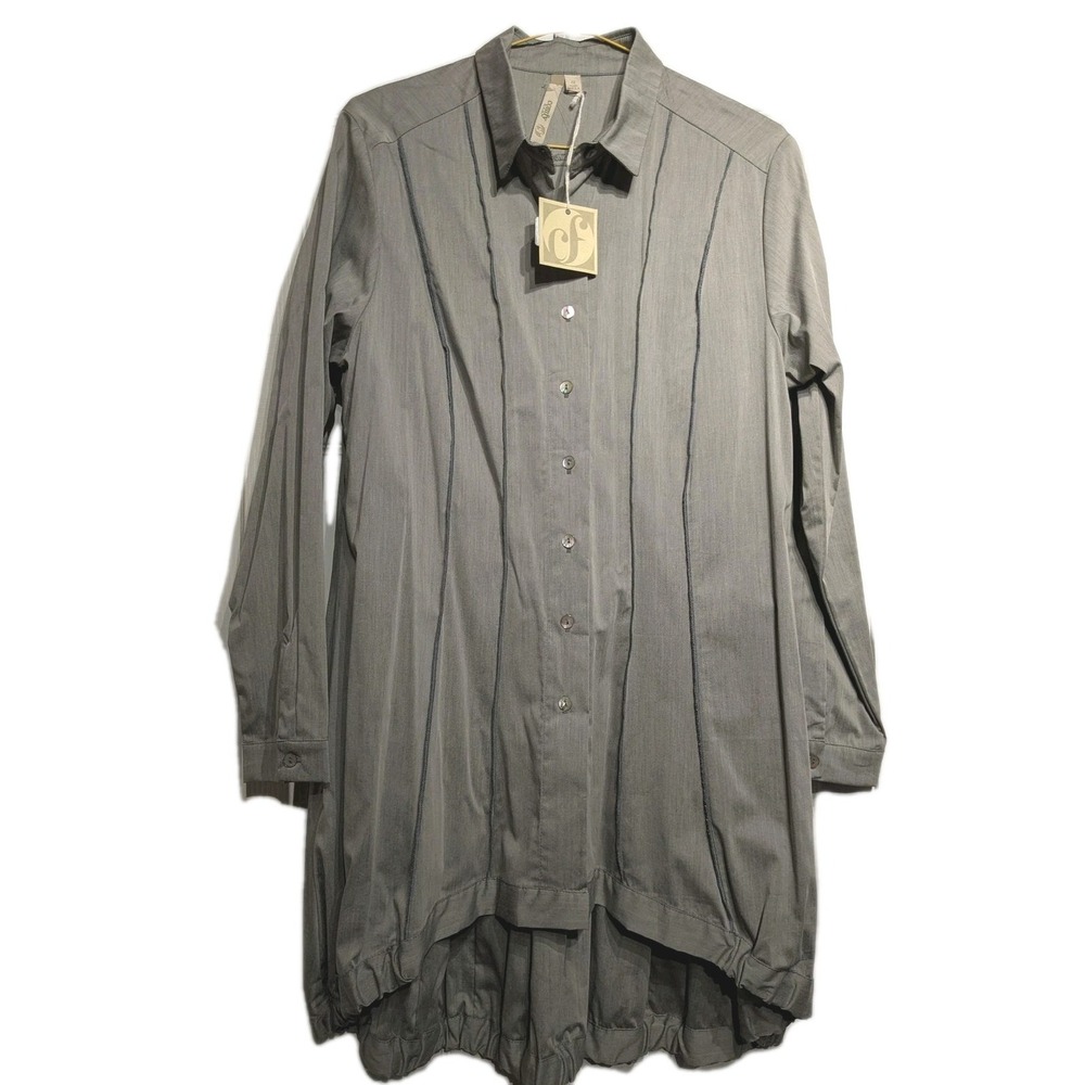 Comfy USA Shirt Women S Gray Button Up Raised Piping Lagenlook Hi/Low Tunic NWT